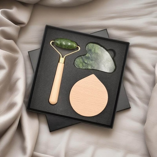 LUNA - Set of Jade Face Roller, Guasha and Mirror 