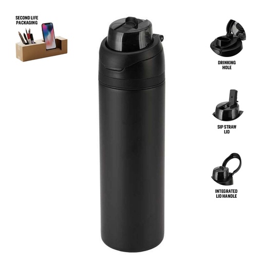 [DWHL 3250] AERO SIP - Hans Larsen Recycled Stainless Steel Bottle with Dual Sip Lid - Black